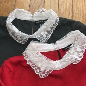 Lot Of 2 Red Green SMALL Lace  Sweet Granny  Thin Sweater Long Sleeve Preppy